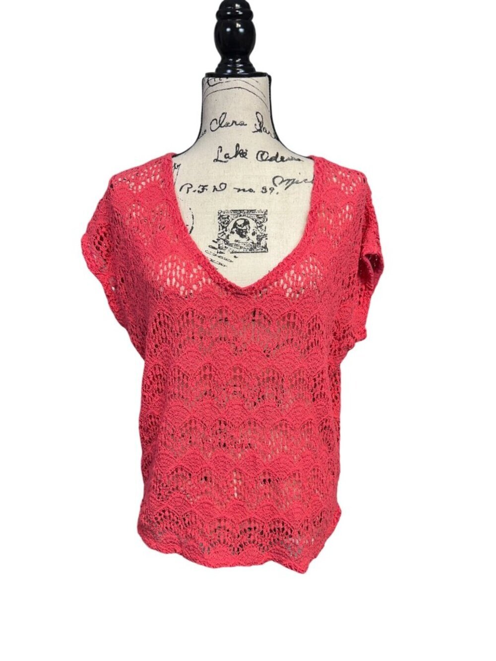 Zara Trafaluc Crochet Knit Top In Bright Pink Short Sleeves V-Neck Womens Size M